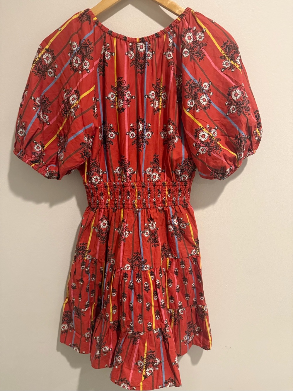 Japna Red Floral Puff Sleeve Smocked Cotton Mini Dress M Boho Fall Festival - Picture 3 of 6
